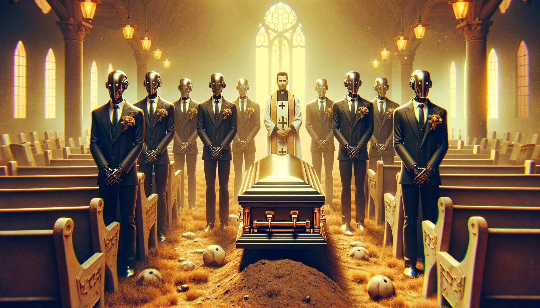 Reinvent Your Business or Go Bust depicted by AI robots and a priest standing over a coffin in a church