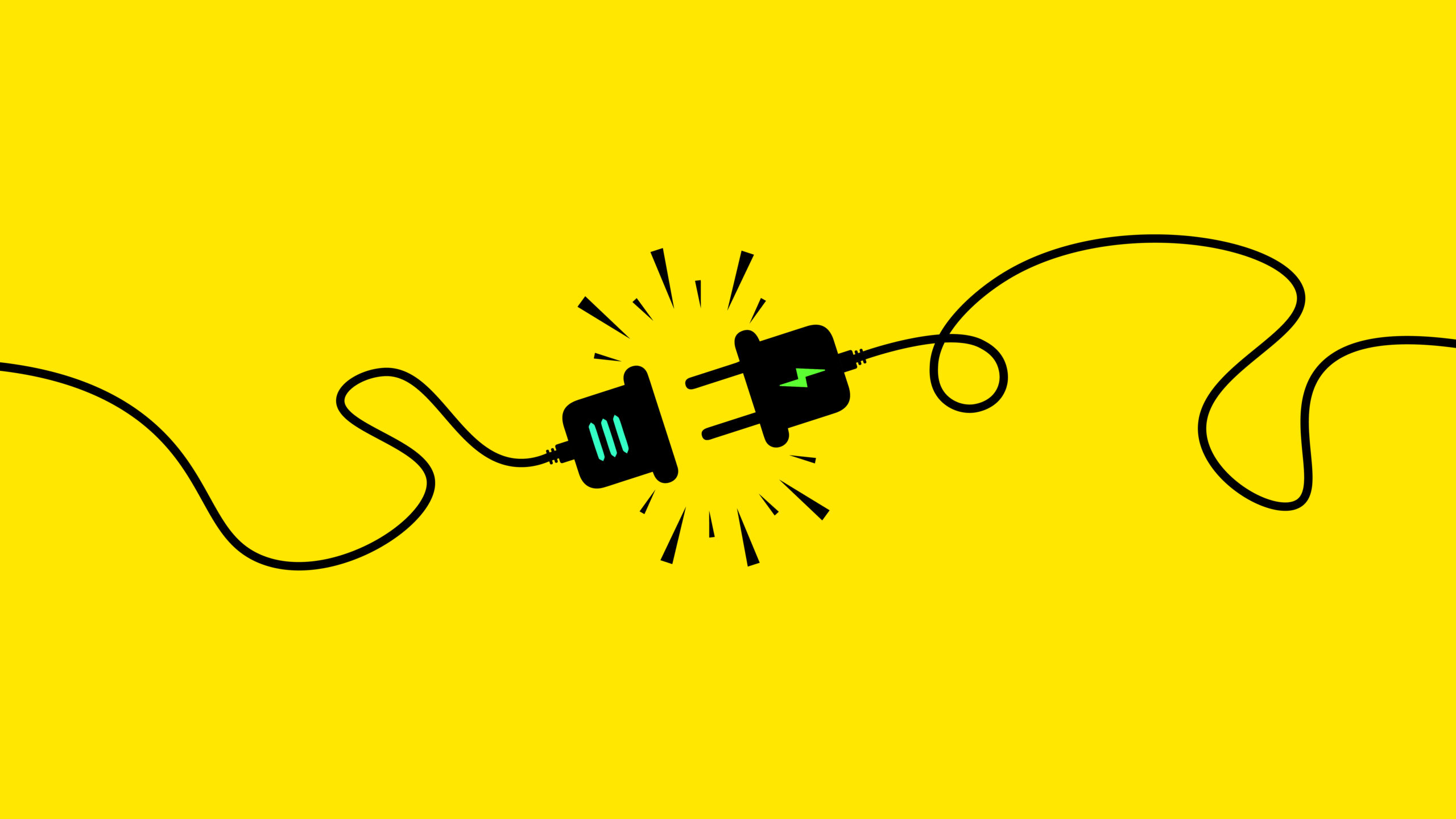 Electric socket and plug disconnected in stylised graphic, black on a bright yellow background.